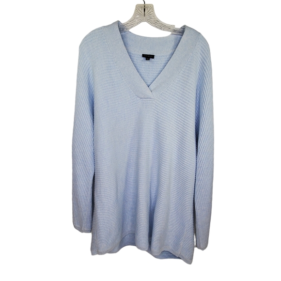 TALBOTS Light Blue V-Neck Tunic Sweater Cotton Cashmere Sz XL High Low Hem - Picture 3 of 5